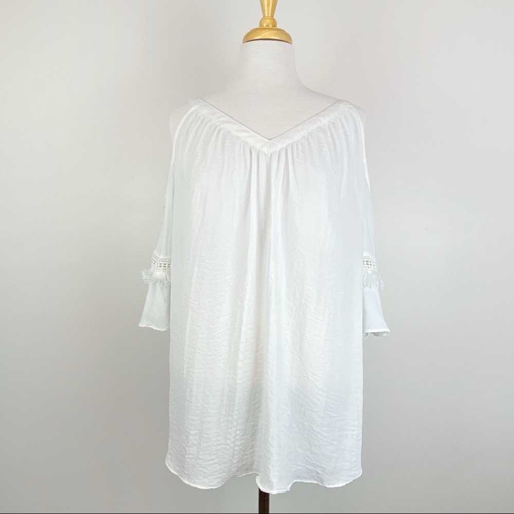 White Bell Sleeve Cold Shoulder Blouse, 0X